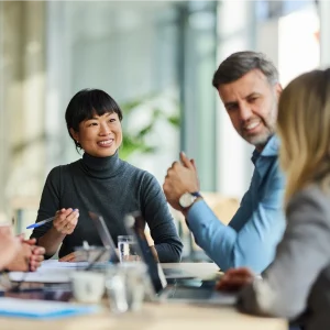Smilling professionals in a meeting in person